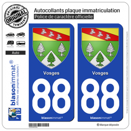 2 Autocollants plaque immatriculation Auto 88 Vosges - Armoiries