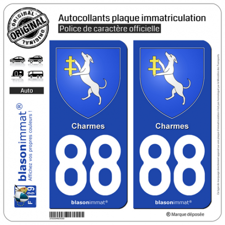 2 Autocollants plaque immatriculation Auto 88 Charmes - Armoiries