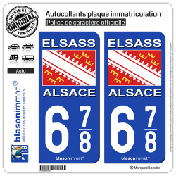 2 Autocollants plaque immatriculation Auto 678 Alsace - Drapeau