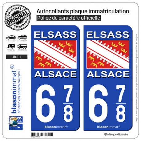 2 Autocollants plaque immatriculation Auto 678 Alsace - Drapeau