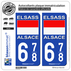 2 Autocollants plaque immatriculation Auto 678 Alsace - Drapeau Historique