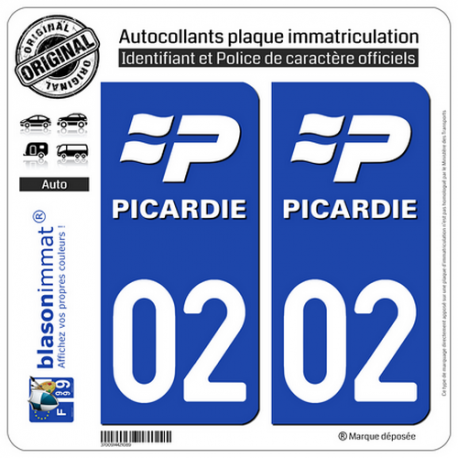 2 Autocollants plaque immatriculation Auto 02 Picardie - LogoType