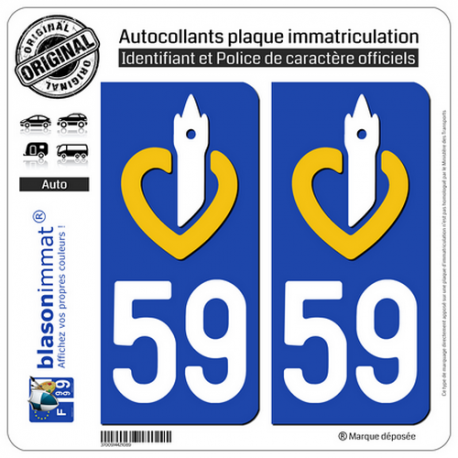 2 Autocollants plaque immatriculation Auto 59 Nord-Pas de Calais - LogoType