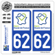 2 Autocollants plaque immatriculation Auto 62 Hauts-de-France - LogoType