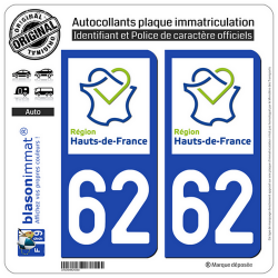 2 Autocollants plaque immatriculation Auto 62 Hauts-de-France - LogoType