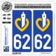 2 Autocollants plaque immatriculation Auto 62 Nord-Pas de Calais - LogoType