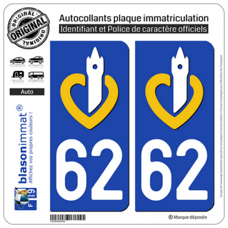 2 Autocollants plaque immatriculation Auto 62 Nord-Pas de Calais - LogoType