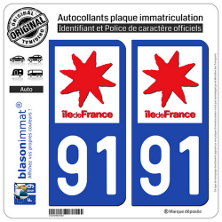 2 Autocollants plaque immatriculation Auto 91 Ile-de-France - LogoType