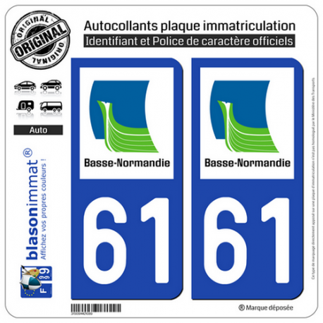 2 Autocollants plaque immatriculation Auto 61 Basse-Normandie - LogoType