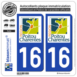 2 Autocollants plaque immatriculation Auto 16 Poitou-Charentes - LogoType