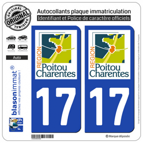 2 Autocollants plaque immatriculation Auto 17 Poitou-Charentes - LogoType