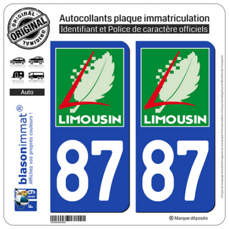 2 Autocollants plaque immatriculation Auto 87 Limousin - LogoType