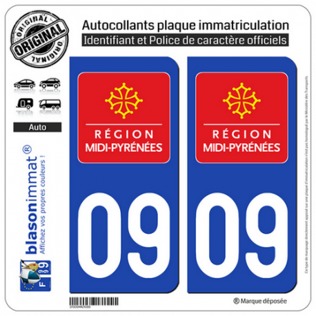 2 Autocollants plaque immatriculation Auto 09 Midi-Pyrénées - LogoType