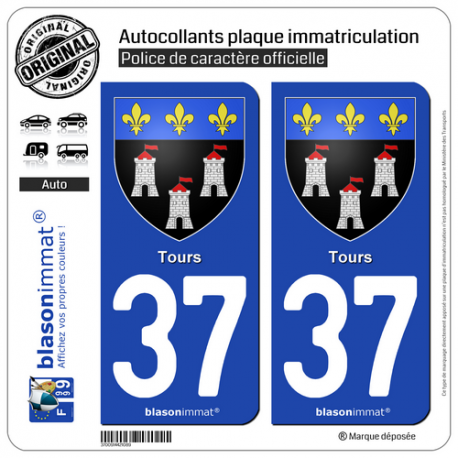 2 Autocollants plaque immatriculation Auto 37 Tours - Armoiries