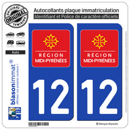 2 Autocollants plaque immatriculation Auto 12 Midi-Pyrénées - LogoType