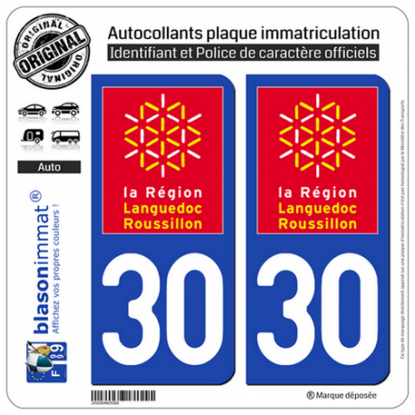 2 Autocollants plaque immatriculation Auto 30 Languedoc-Roussillon - LogoType