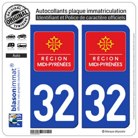 2 Autocollants plaque immatriculation Auto 32 Midi-Pyrénées - LogoType