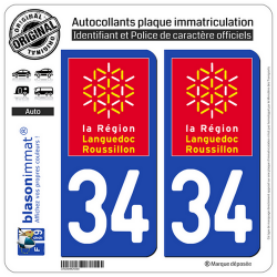 2 Autocollants plaque immatriculation Auto 34 Languedoc-Roussillon - LogoType