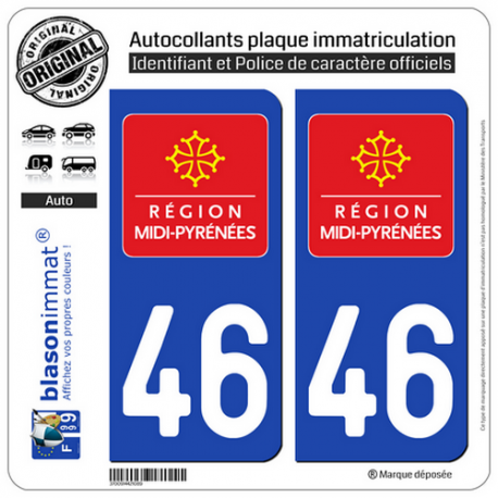2 Autocollants plaque immatriculation Auto 46 Midi-Pyrénées - LogoType