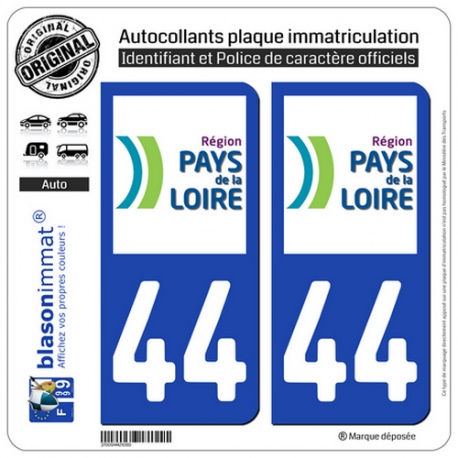 2 Autocollants plaque immatriculation Auto 44 Pays de la Loire - LogoType