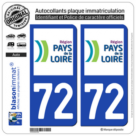 2 Autocollants plaque immatriculation Auto 72 Pays de la Loire - LogoType