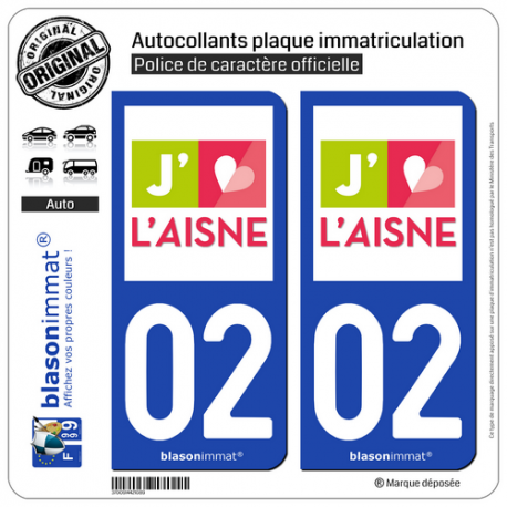 2 Autocollants plaque immatriculation Auto 02 Aisne - Tourisme
