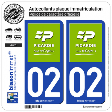 2 Autocollants plaque immatriculation Auto 02 Picardie - Ma Région