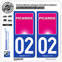 2 Autocollants plaque immatriculation Auto 02 Picardie - Tourisme