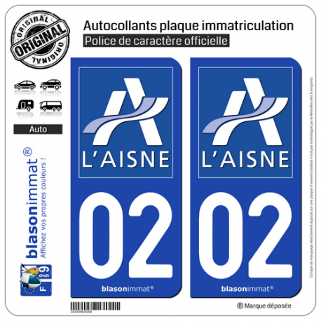 2 Autocollants plaque immatriculation Auto 02 Aisne - Département