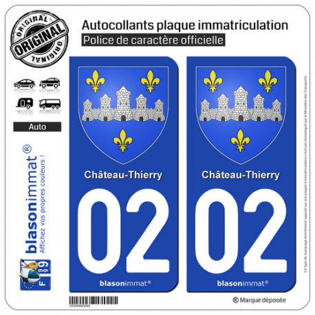 2 Autocollants plaque immatriculation Auto 02 Château-Thierry - Armoiries