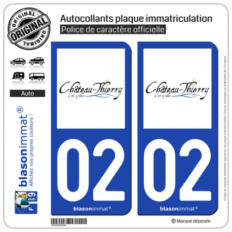 2 Autocollants plaque immatriculation Auto 02 Château-Thierry - Ville