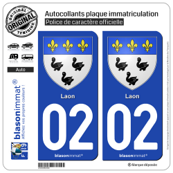 2 Autocollants plaque immatriculation Auto 02 Laon - Armoiries