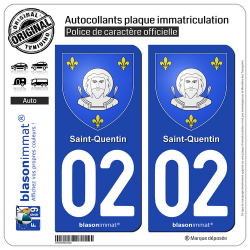2 Autocollants plaque immatriculation Auto 02 Saint-Quentin - Armoiries