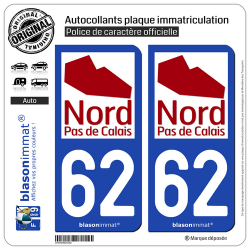 2 Autocollants plaque immatriculation Auto 62 Nord-Pas de Calais - Tourisme