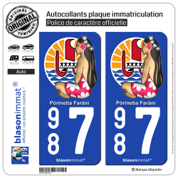 2 Autocollants plaque immatriculation Auto 987 Poupée Hinano - Armoiries