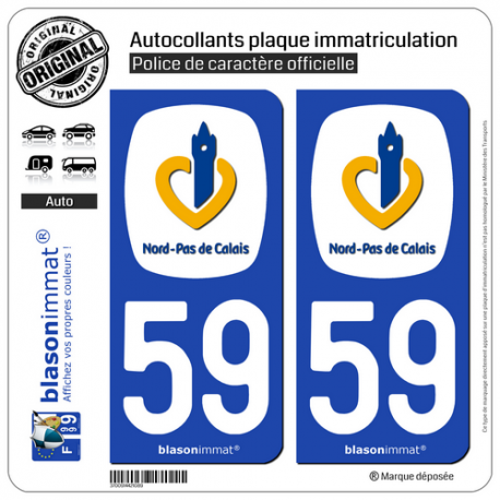 2 Autocollants plaque immatriculation Auto 59 Nord-Pas de Calais - Région