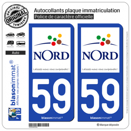 2 Autocollants plaque immatriculation Auto 59 Nord - Tourisme