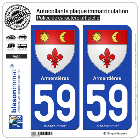 2 Autocollants plaque immatriculation Auto 59 Armentières - Armoiries