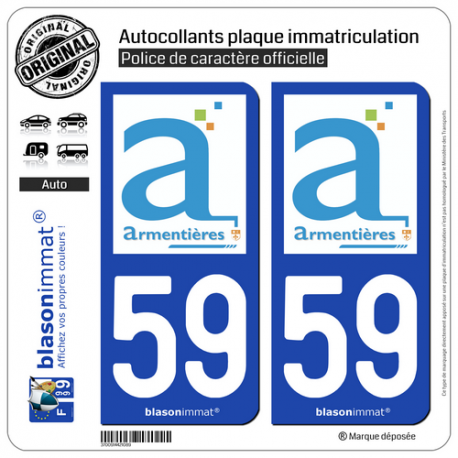 2 Autocollants plaque immatriculation Auto 59 Armentières - Ville