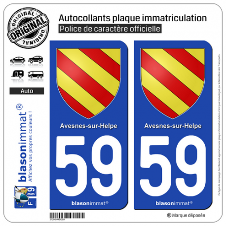 2 Autocollants plaque immatriculation Auto 59 Avesnes-sur-Helpe - Armoiries
