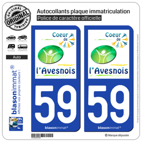 2 Autocollants plaque immatriculation Auto 59 Avesnes-sur-Helpe - Agglo