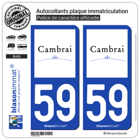 2 Autocollants plaque immatriculation Auto 59 Cambrai - Ville