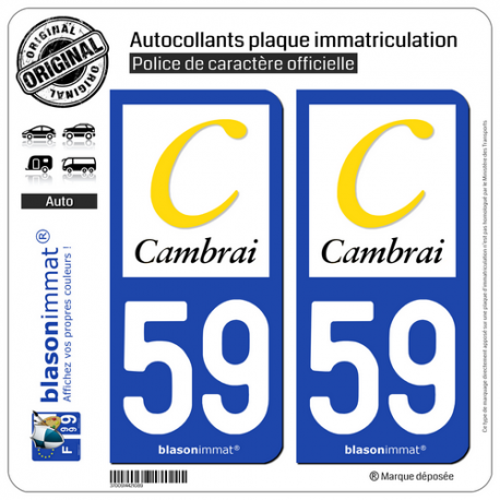 2 Autocollants plaque immatriculation Auto 59 Cambrai - Agglo