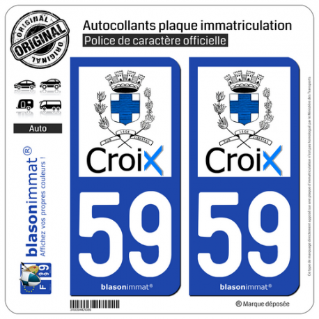 2 Autocollants plaque immatriculation Auto 59 Croix - Ville