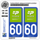 2 Autocollants plaque immatriculation Auto 60 Picardie - Ma Région