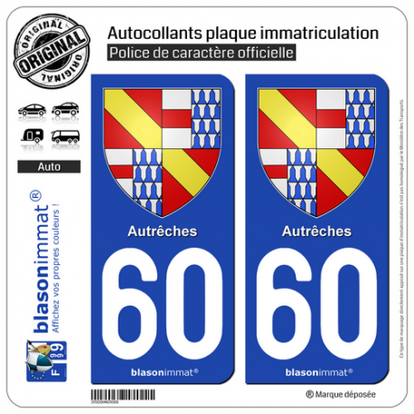 2 Autocollants plaque immatriculation Auto 60 Autrêches - Armoiries