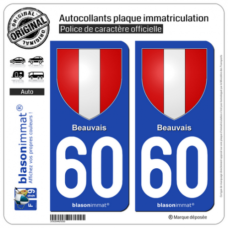 2 Autocollants plaque immatriculation Auto 60 Beauvais - Armoiries