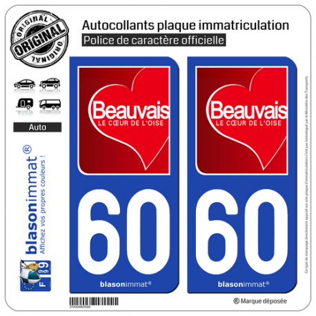 2 Autocollants plaque immatriculation Auto 60 Beauvais - Ville