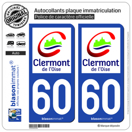 2 Autocollants plaque immatriculation Auto 60 Clermont - Ville
