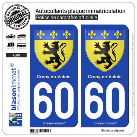 2 Autocollants plaque immatriculation Auto 60 Crépy-en-Valois - Armoiries